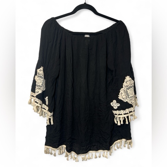Lilypad Tops - Vintage Lilypad Los Angeles Women Large Black 3/4 Sleeve Boho Off Shoulder Tunic